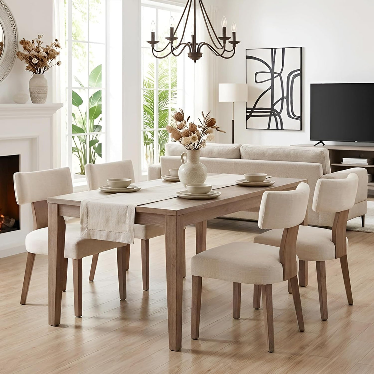 HNY Mid Century Modern Dining Chairs Set of 4, Farmhouse Linen Fabric Upholstered Accent Curved Backrest Kitchen Chairs, with Hardwood Frame, Beige