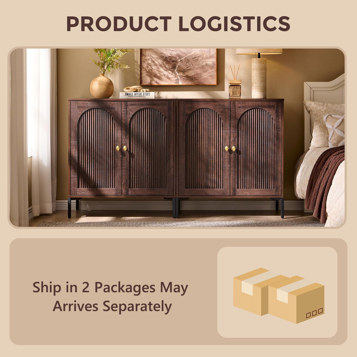 IFGET Modern Buffet Cabinet with Storage, 61.75" W Fluted Arched Sideboard Cabinet w/Adjustable Shelves, Wooden Modular Coffee Bar for Dining Room, Kitchen, Living Room, Entryway, Brown