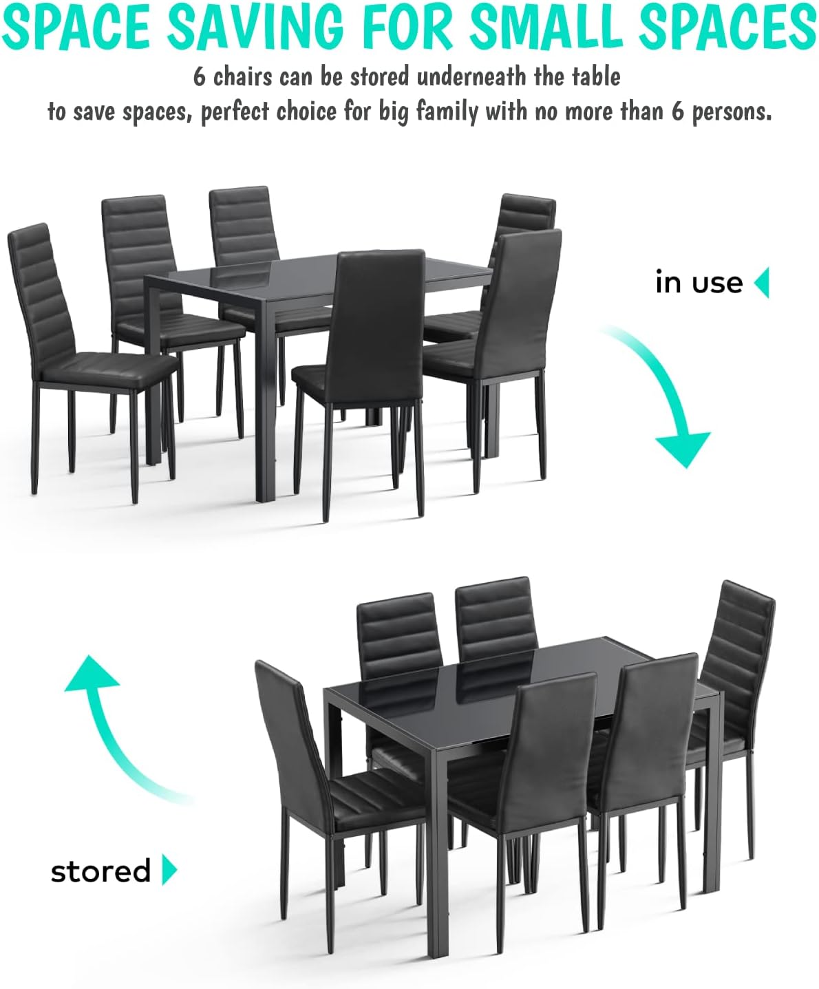 Gizoon Glass Dining Table Sets for 6, 7 Piece Kitchen Table and Chairs Set for 6 Person, PU Leather Modern Dining Room Sets for Home, Kitchen, Living Room