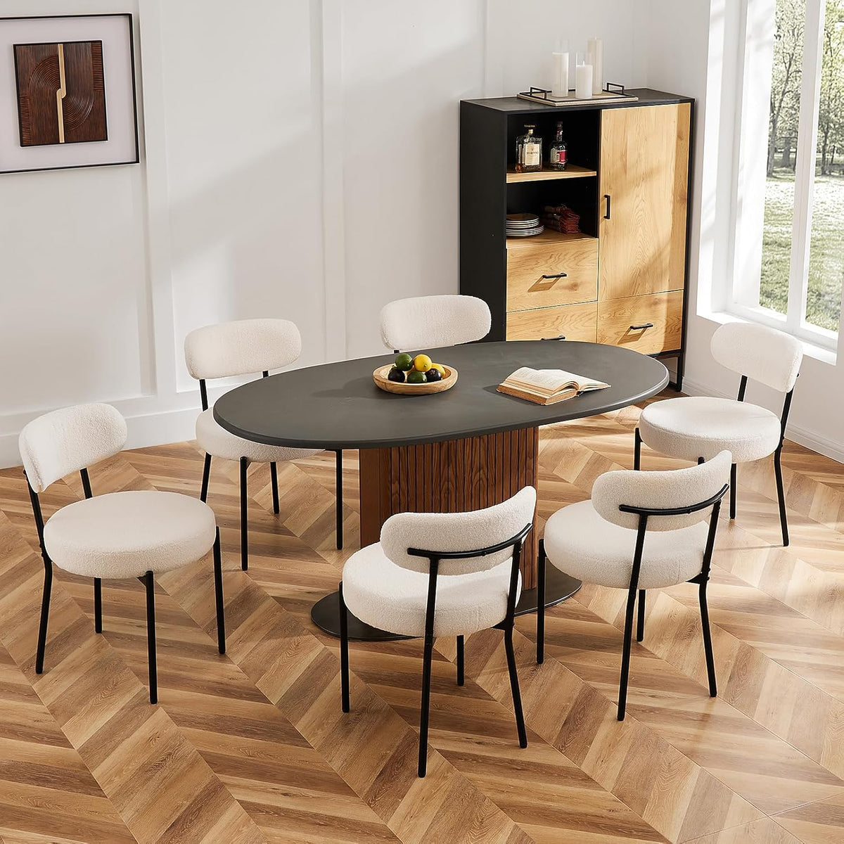 Sweetcrispy Dining Chairs Set of 6, Boucle Upholstered Modern Mid Century Round Kitchen Chairs with Curved Backrest & Metal Legs for Vanity, Living Room - Classic Beige