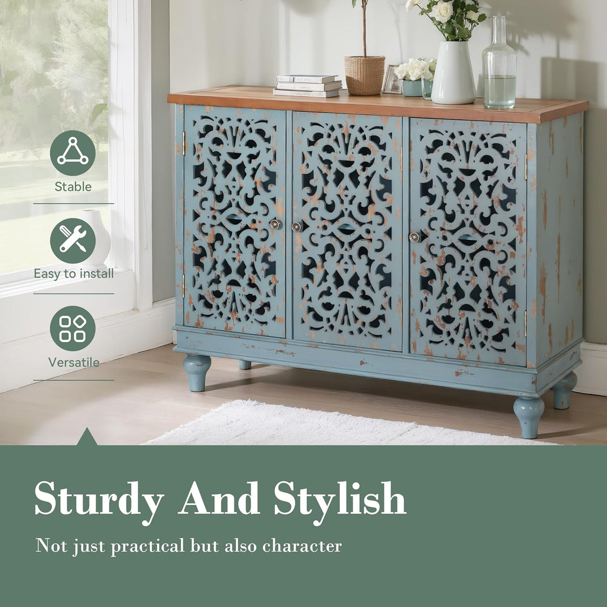 Sophia & William Sideboard Buffet Credenza Cabinet, 3-Door Hollow-Carved Accent Cabinet, Distressed Sideboard Storage Cabinet with Wood Veneer for Kitchen, Living Room, Dining Room, Entryway, Blue | 3-Door