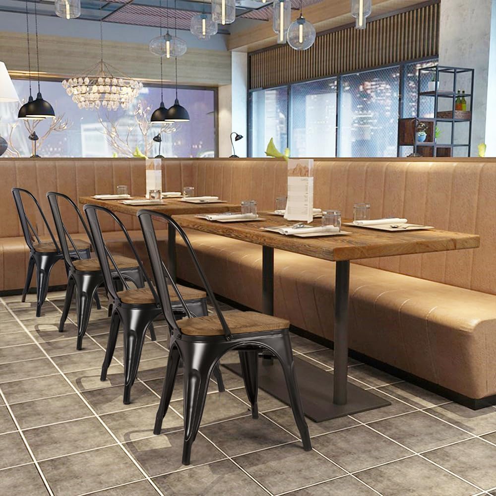 Yaheetech Metal Dining Chairs Set of 4, Industrial Stackable Kitchen Chairs with Wood Top Seat for Dining Room/Restaurant/Bistro/Patio, Indoor & Outdoor Use, Black
