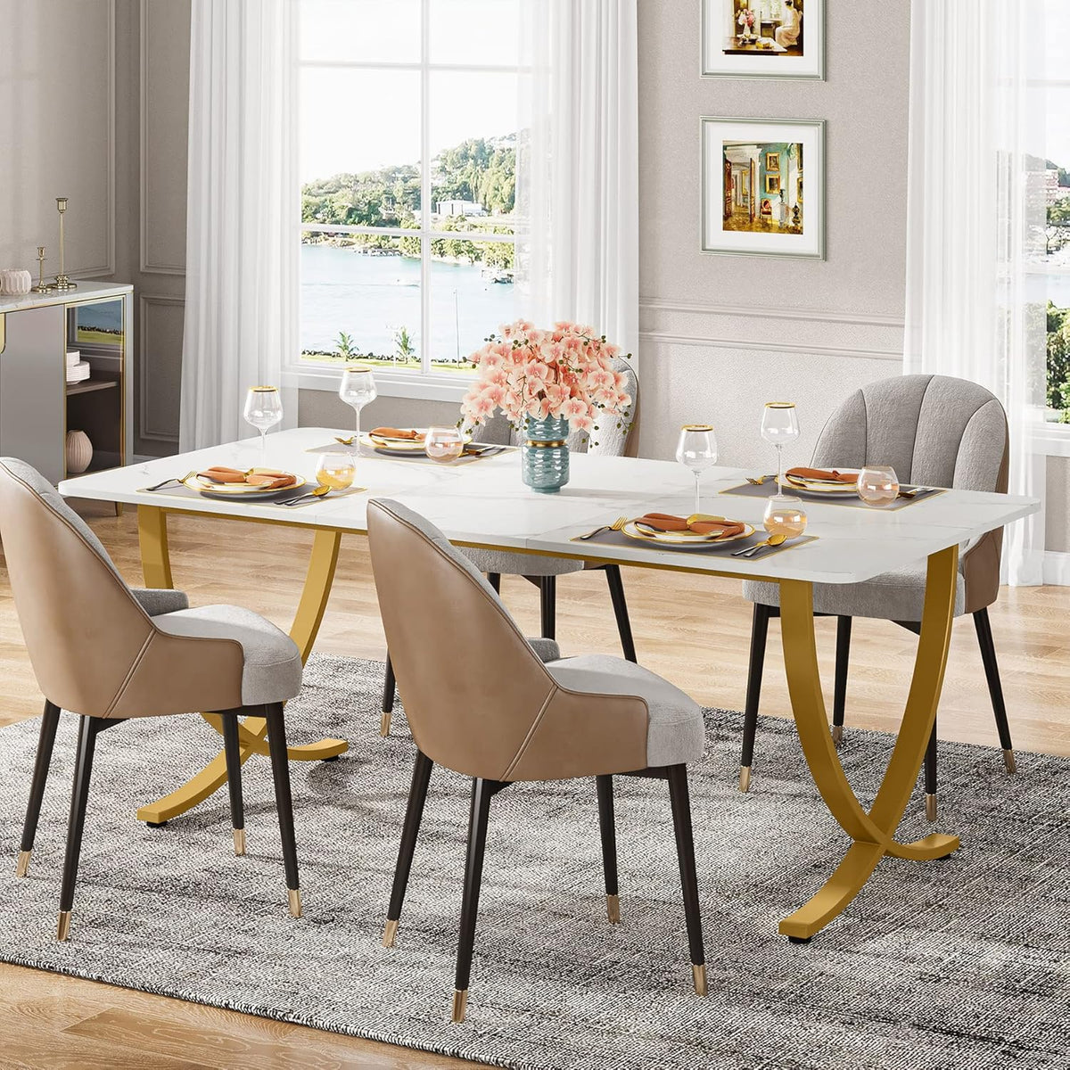 LITTLE TREE Dining Room Table, Kitchen Table with Faux Marble Table Top and Gold Metal Legs