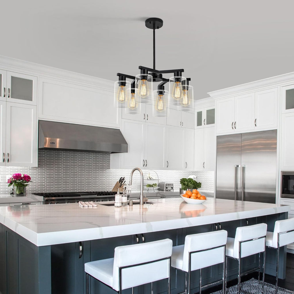 6-Light Modern Farmhouse Black Chandelier, Dining Room Light Fixture Over Table Adjustable Height Hanging Industrial Pendant Lights Kitchen Island, Clear Glass Shade