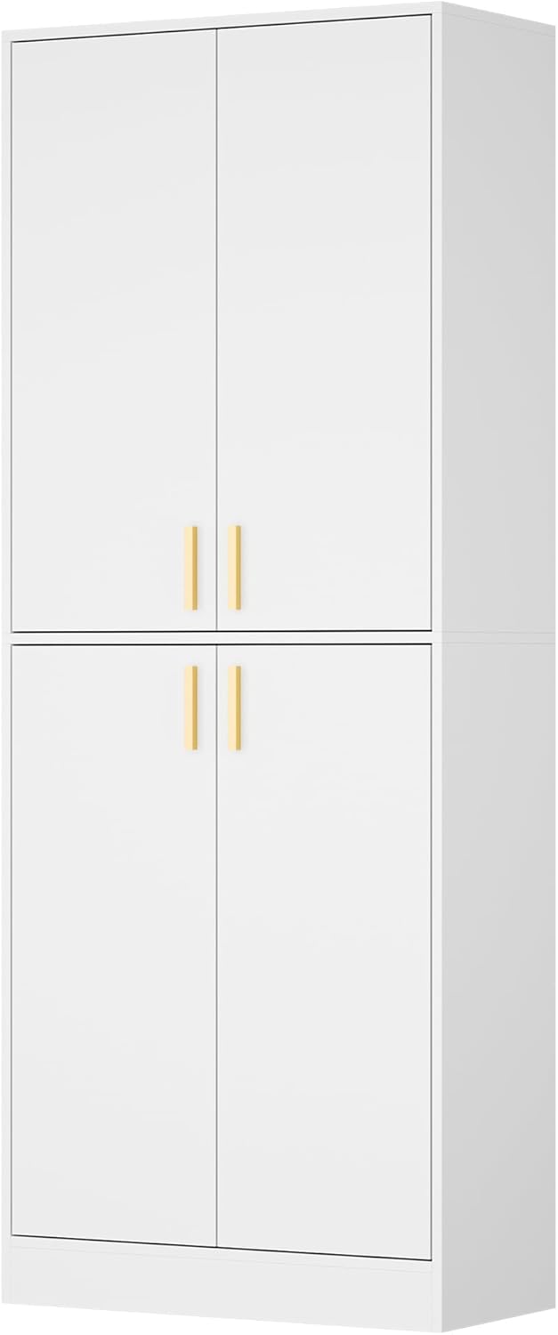 Cozy Castle Kitchen Pantry Cabinet, 71" Tall Wood Storage Cabinet with Doors and Shelves 4 Doors Freestanding Cupboard for Dining Room Living Room Furniture, White