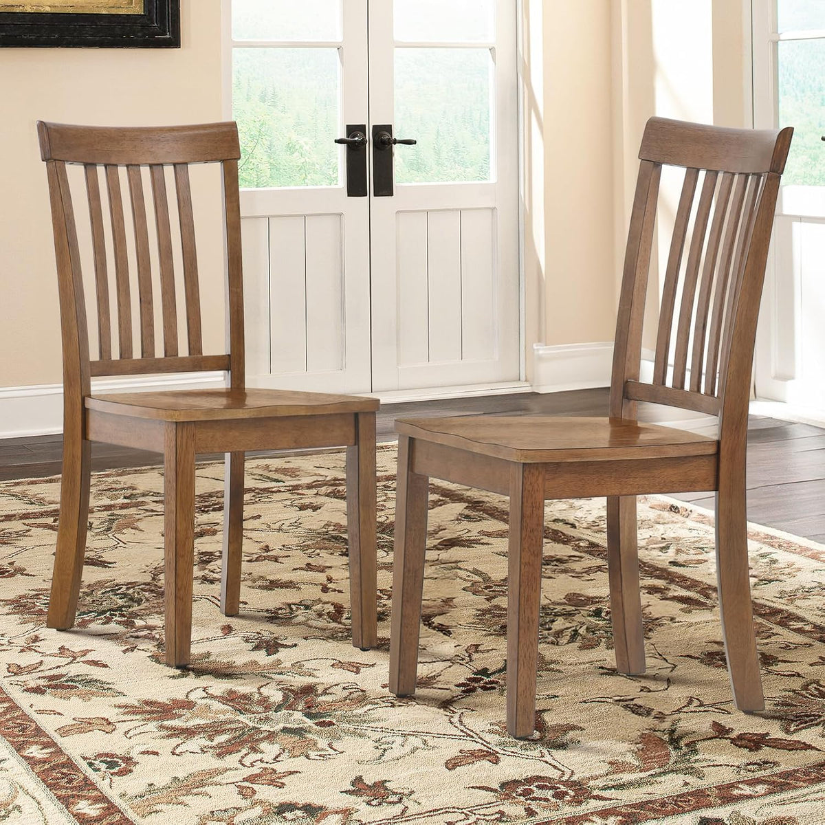 COLAMY Wooden Dining Chairs Set of 6, Solid Rubberwood Kitchen & Dining Room Chairs, Farmhouse Rustic Side Chairs for Dining Table, Anti-Slip Protection, Classic Windsor Style Seating, Oak Light Brown