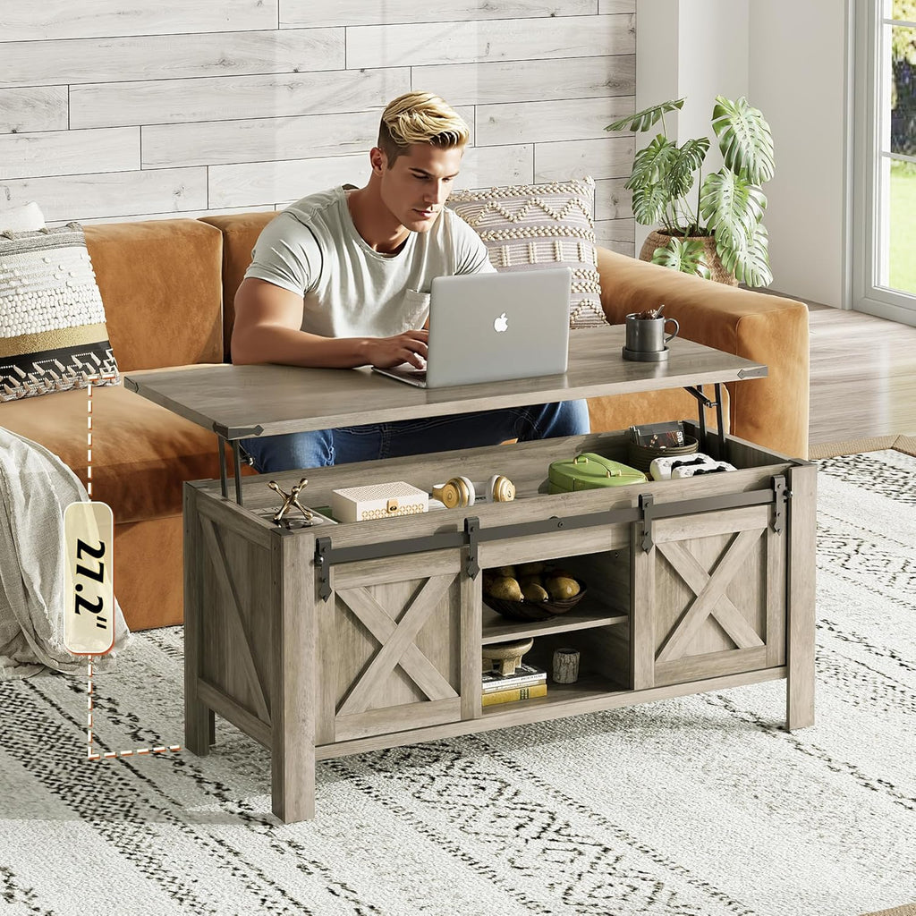 WLIVE 47.2" Farmhouse Lift Top Coffee Table with Sliding Barn Doors, Large Hidden Storage Compartment and Adjustable Shelf for Living Room,Office, Greige