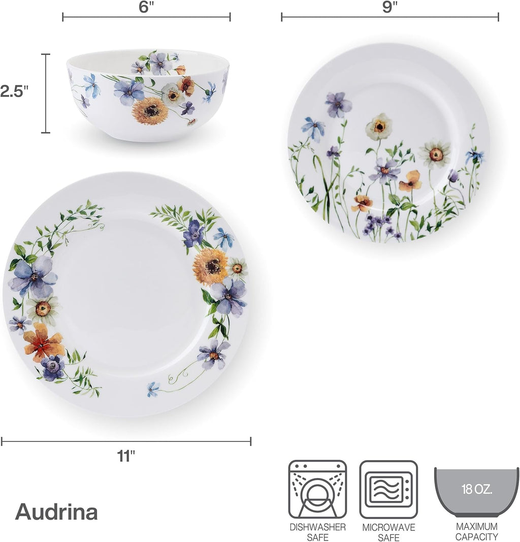 Mikasa Audrina Water Color Flowers Bone China Lightweight Chip Resistant 12 Piece Dinnerware Set, Service for 4, White