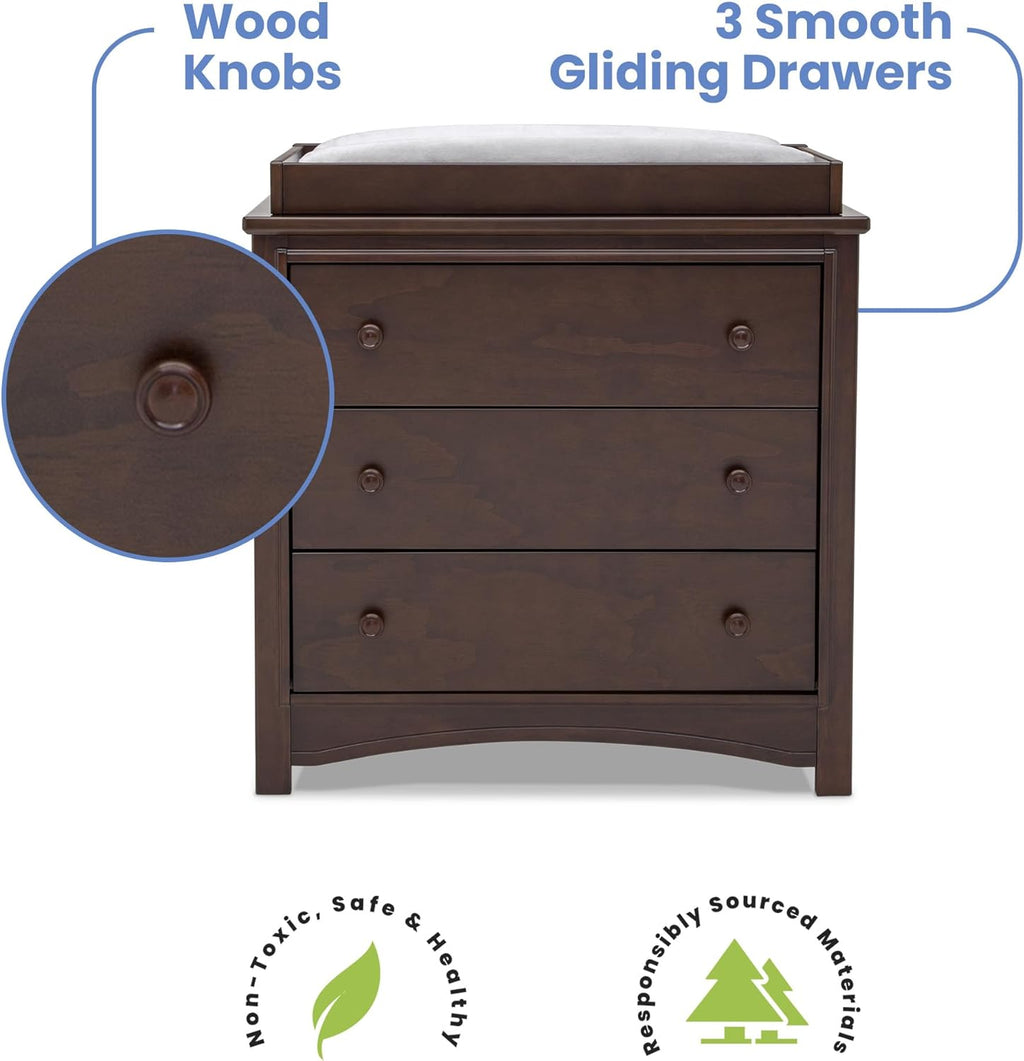 Delta Children Perry 3 Drawer Dresser with Changing Top and Interlocking Drawers, Walnut Espresso