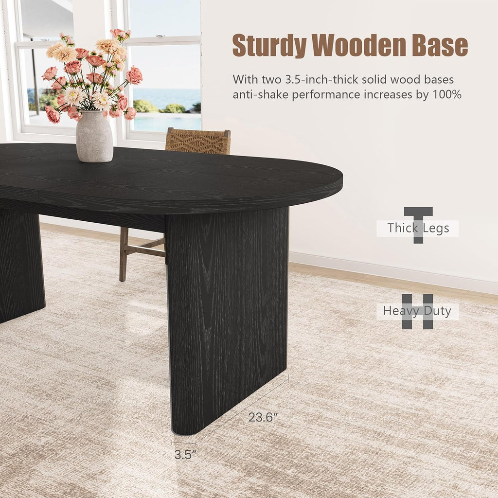GarveeHome 7-Piece 70.8 Inch Oval Dining Table Set with Upholstered Dining Chairs, Kitchen Table with Wood Base, High Back Dining Chair with Wood Legs for Kitchen (1* Table + 6* Chairs, Black+Beige)