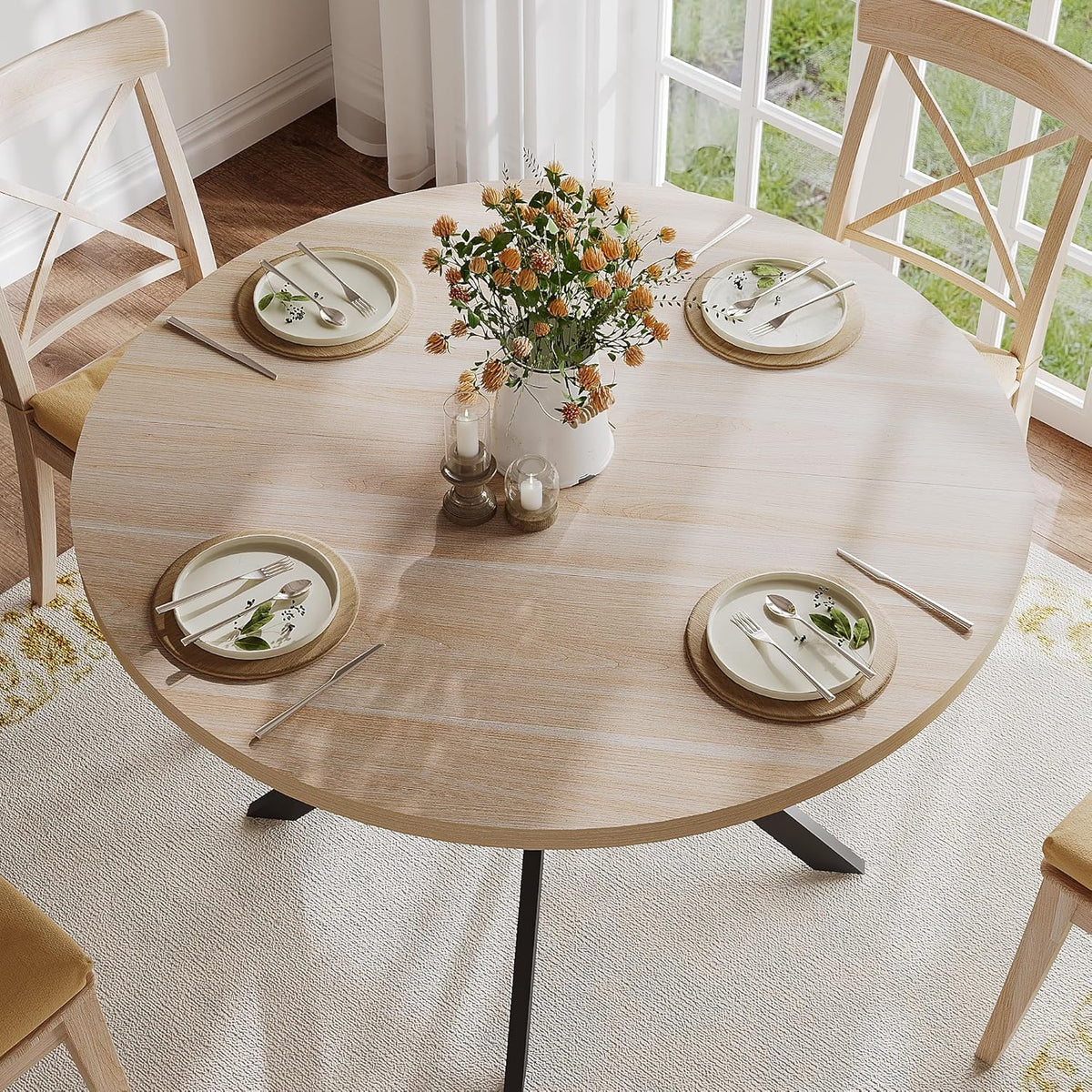 ChooChoo 47.2 Inch Round Dining Table for 4, Farmhouse Wood Kitchen Table, Circle Dinner Table for Kitchen & Dining Room, Natural Oak