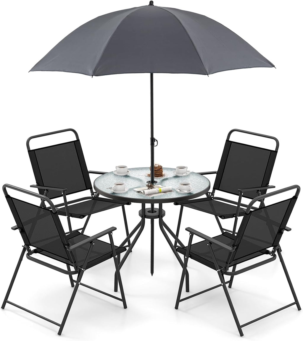Giantex 6 Pieces Patio Dining Set, Folding Patio Chairs Set of 4, Tempered Glass Umbrella Table with Hole, Patio Table and Chairs for Lawn, Deck, Poolside, Backyard (Grey)