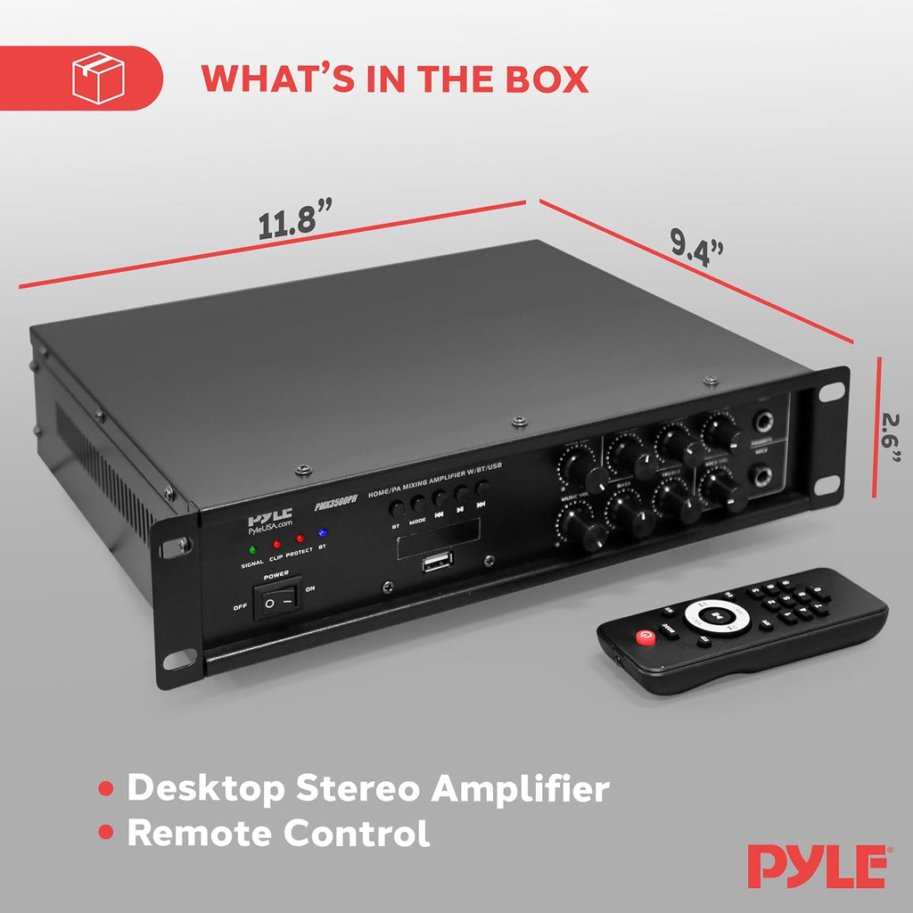 Pyle Bluetooth PA Mixing Amplifier - 500W Home Audio Rack Mount Stereo Power Amplifier, Digital LED Display, USB/AUX/Mic, Optical/Coaxial, AC-3, 70V/100V Output - PMX3500PH