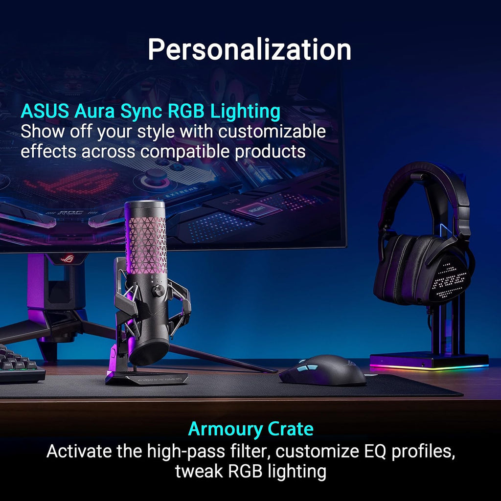 ASUS ROG Carnyx RGB Condenser Gaming Microphone Black (Gaming, Streaming and Podcast, 25 mm Capacitor Capsule, 192 kHz / 24 Bit Sampling Rate, High Pass Filter, Pop Filter, Metal Holder, Aura Sync)
