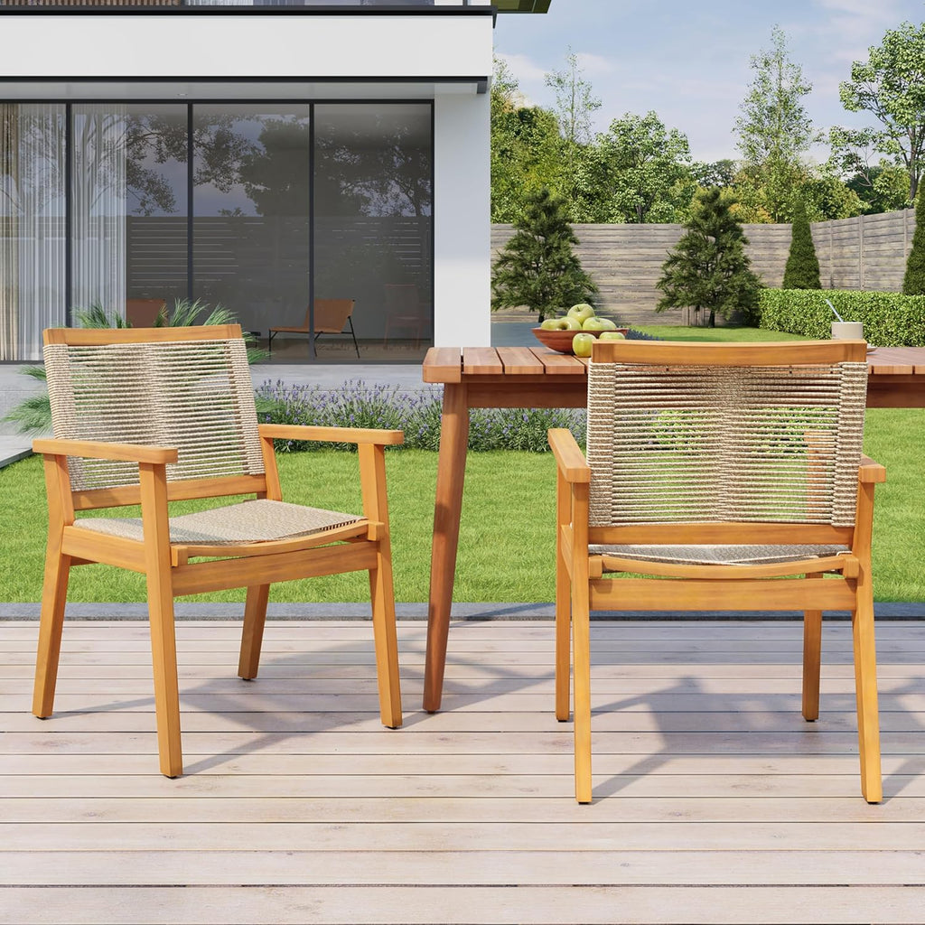 Christopher Knight Home Kita Acacia Wood Patio Dining Chairs Set of 2, Wooden Outdoor Dining Chair Set, Outdoor Kitchen Side Chair with Woven Rope, Teak+Dark Beige