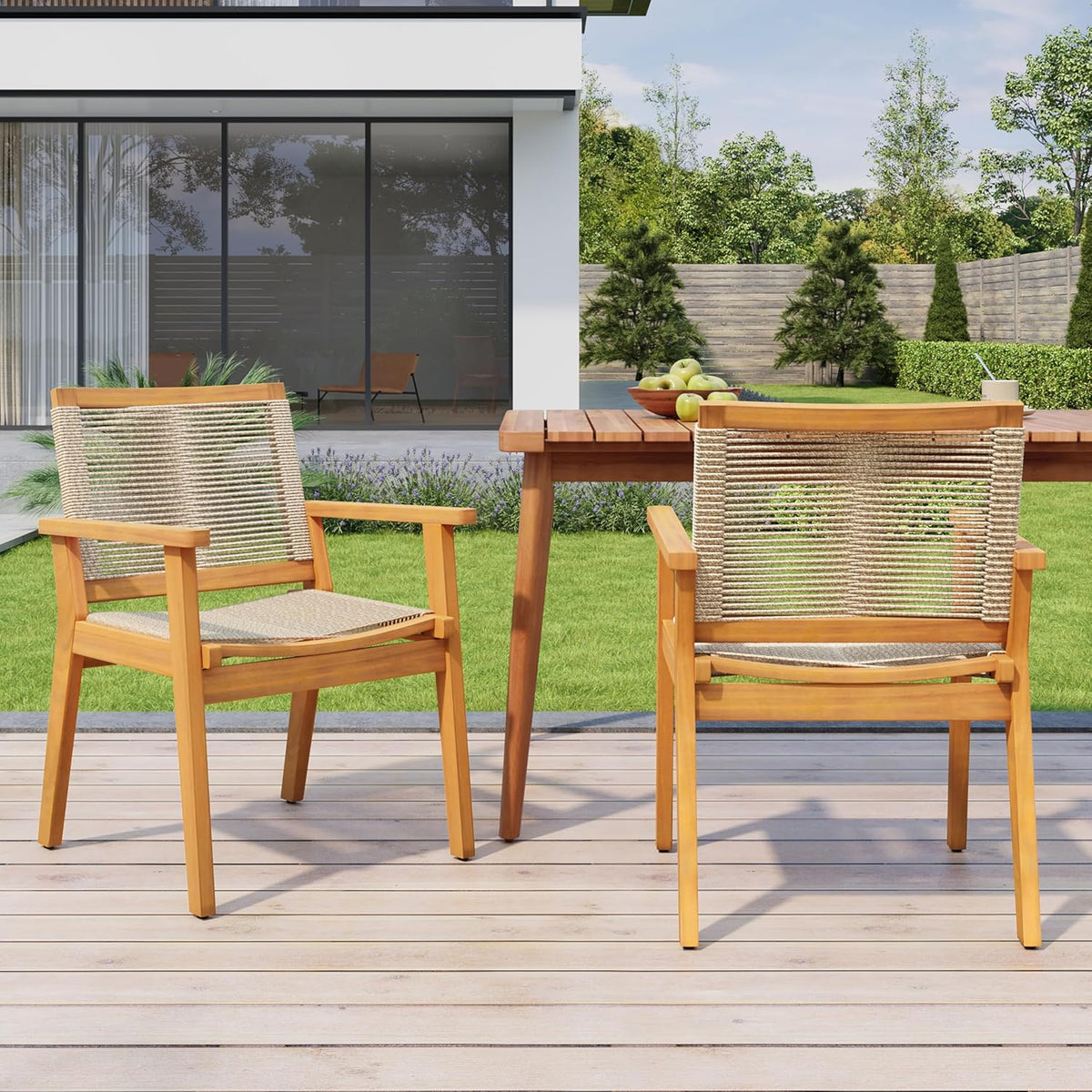 Christopher Knight Home Kita Acacia Wood Patio Dining Chairs Set of 2, Wooden Outdoor Dining Chair Set, Outdoor Kitchen Side Chair with Woven Rope, Teak+Dark Beige