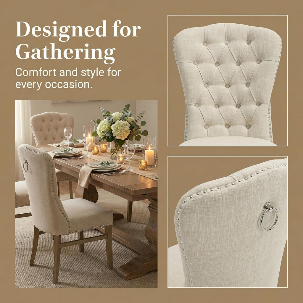 Tufted High Back Dining Chairs Set of 6, Linen Upholstered Farmhouse Kitchen Chairs, French Country Armless Wooden Side Chairs with Nailhead Trim for Dining/Kitchen/Living Room, Beige