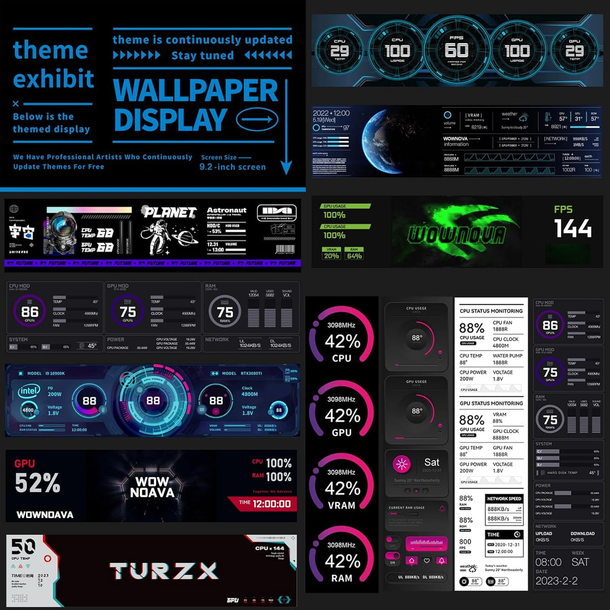 WOWNOVA 9.2" LCD Screen Inside PC Case Computer Temp Monitor Screen, 1 Click 1 Cable to Get Started Quickly PC Temperature Display IPS Sensor Panel CPU RAM HDD Data FPS Mini Monitor (Black)