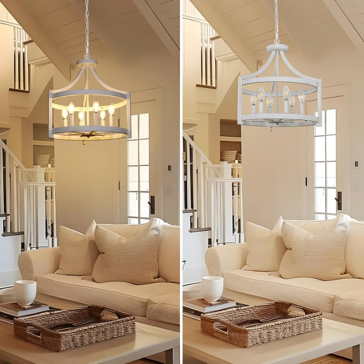 6-Light Farmhouse Chandelier, 19.3'' Vintage Chandeliers for Dining Room, Antique White Semi Flush Mount Ceiling Light, Rustic Metal Hanging Pendant Light Fixture for Entryway Foyer Hallway