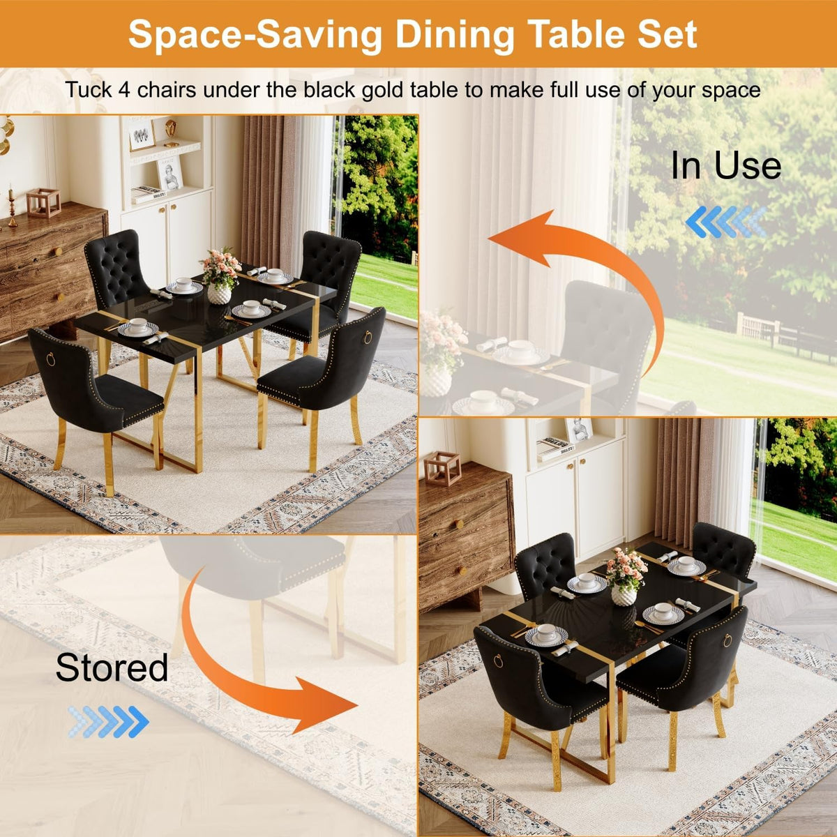 Black Dining Table Set for 4, 55" Black Glossy Top with Gold Metal Legs, Modern Dining Table Set for 4 & Velvet Tufted Chair with Gold Nailhead Trim, Luxry Kitchen Table Set Ideal for Dining Room,APT