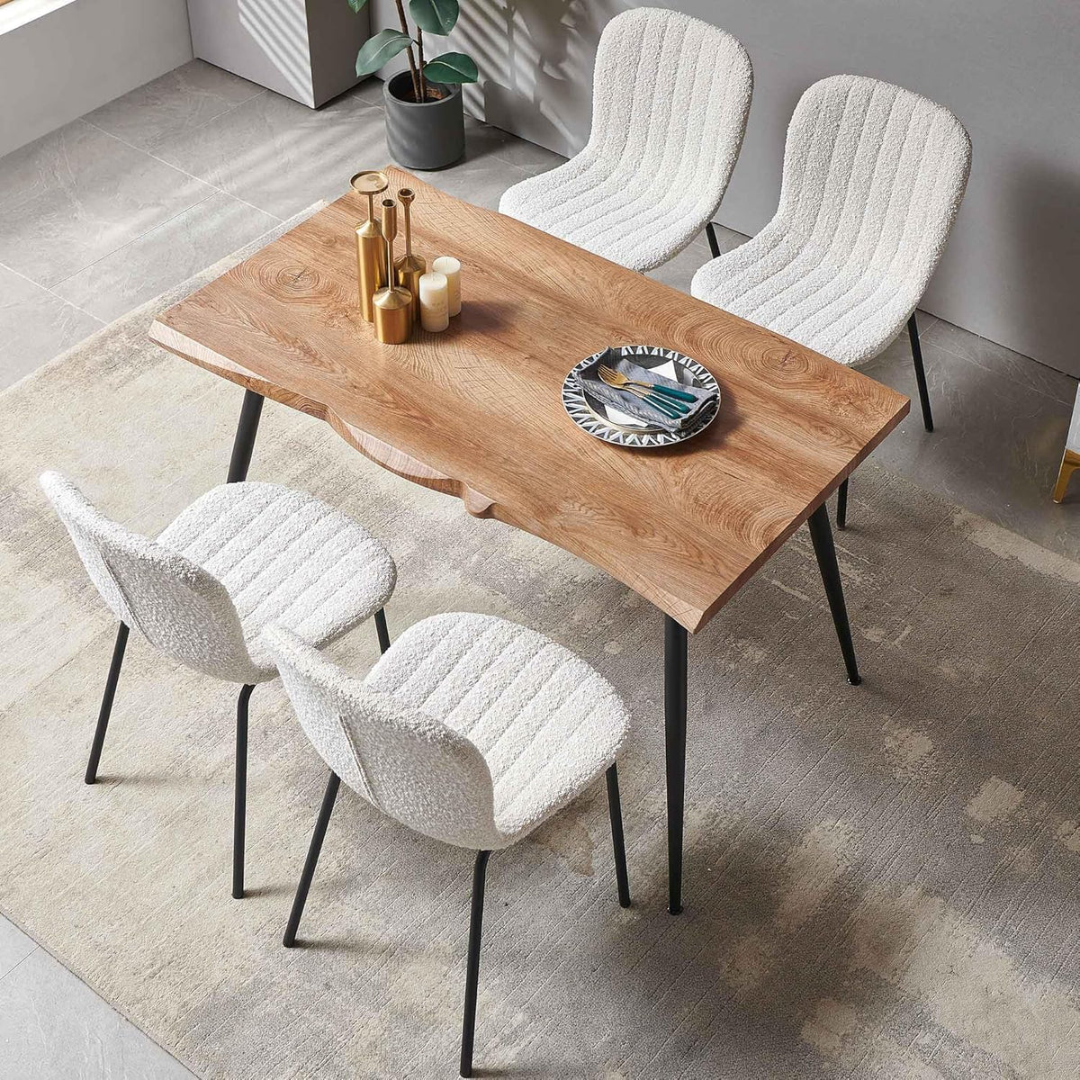 Dining Table Set for 4 with White Boucle Chairs, Mid-Century Modern Rectangle Coffee Table, Kitchen Table and Chairs Set of 4, Perfect for Small Apartment, Home, Dining Room, Breakfast Nook