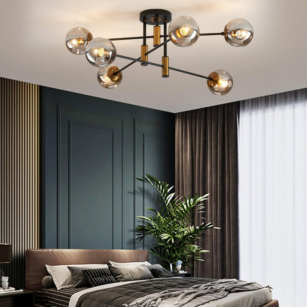 DDLLDESHI 6-Light Glass Globe Sputnik Chandelier Modern Matte Black and Gold Ceiling Light Fixture Vintage Hanging Chandeliers for Farmhouse Living Room, Kitchen Dining Room Bedroom