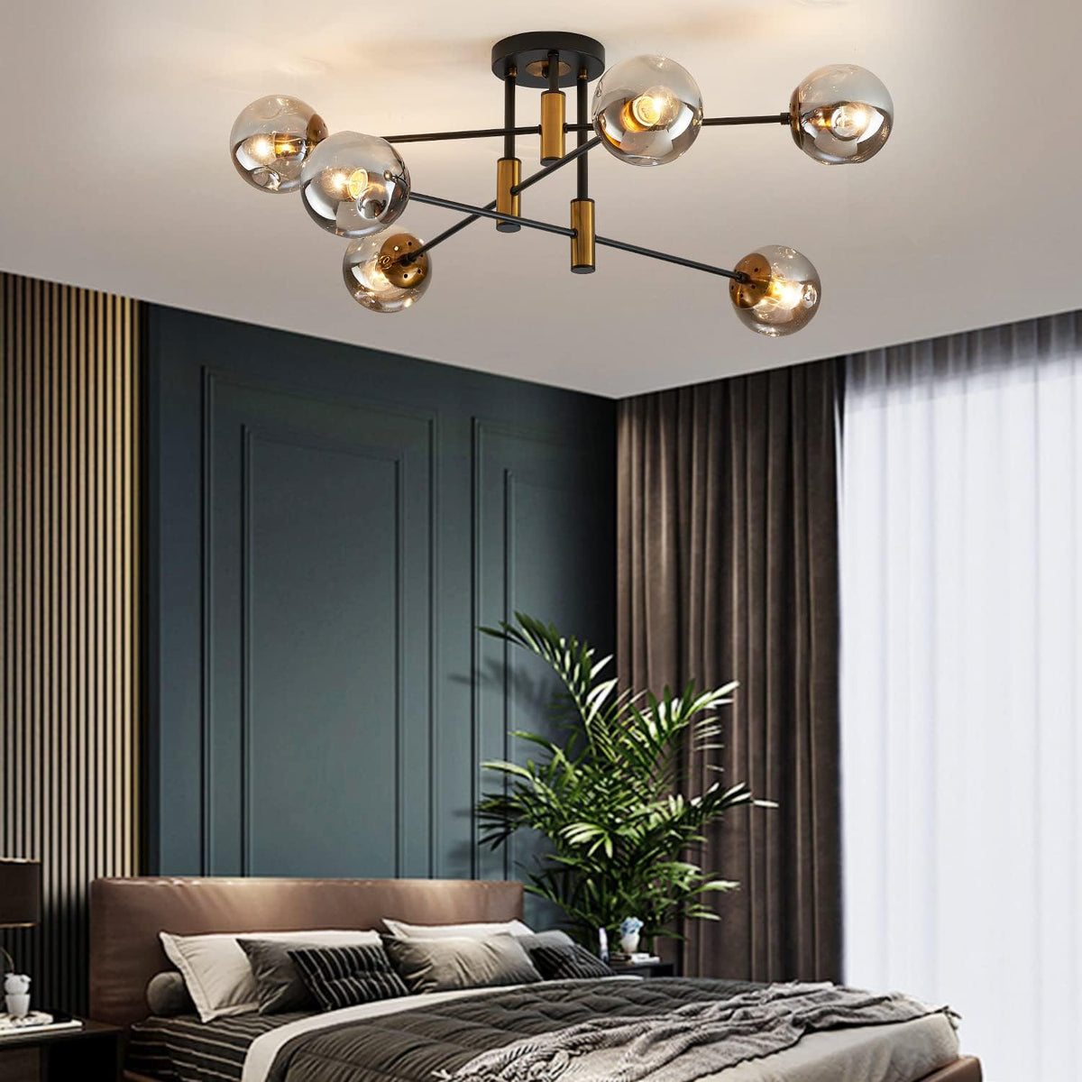 DDLLDESHI 6-Light Glass Globe Sputnik Chandelier Modern Matte Black and Gold Ceiling Light Fixture Vintage Hanging Chandeliers for Farmhouse Living Room, Kitchen Dining Room Bedroom