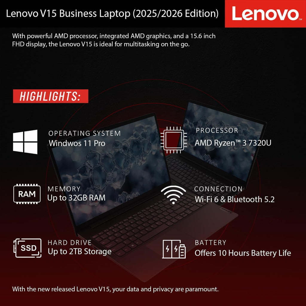 Lenovo 2026 New V15 Business and Student Laptop, Ryzen 3 7320U(Outperforms Intel i7-1065G7), 16GB RAM, 512GB SSD, 15.6" FHD, Ultra Quiet Design, Long Battery Life, Wi-Fi 6, Bluetooth 5, Windows 11 Pro