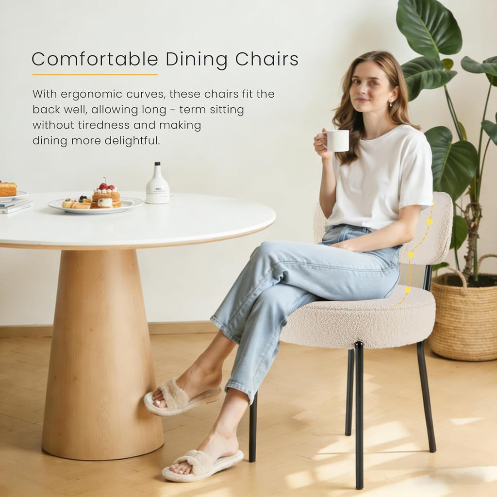 DUMOS Dining Chairs Set of 4, Mid Century Modern Chair Round Upholstered Curved Backrest, Kitchen Vanity Living Room Chairs with Black Metal Legs .Light Beige