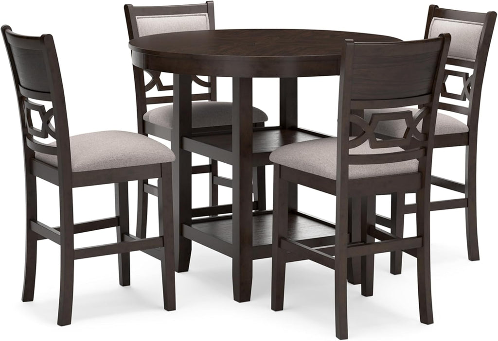 Signature Design by Ashley Langwest Transitional Diamond Patterned Counter Height Dining Table and 4 Upholstered Bar Stools, Set of 5, Dark Brown & Beige