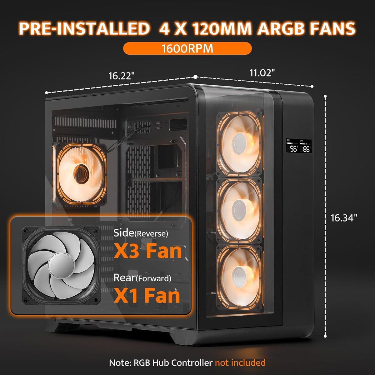darkFlash ATX Mid-Tower PC Case with Screen, Three Side Glass, Curved Full View Dual Gaming PC Case, 4 PWM ARGB Fans Computer Case Pre-Installed, Type C, RTX 40 Compatible, Black(L280)