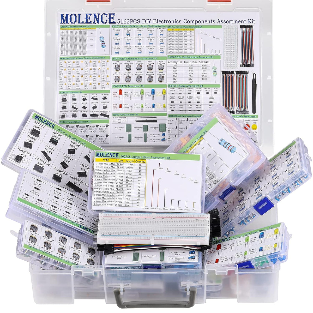5162pcs DIY Electronics Components Kit Assortment, Resistors, Inductors, Capacitors, LED, Triode, ICS, Diodes, PCB, Potentiometer, Pin Header, Jumper Wire, Terminals, Tactswitch