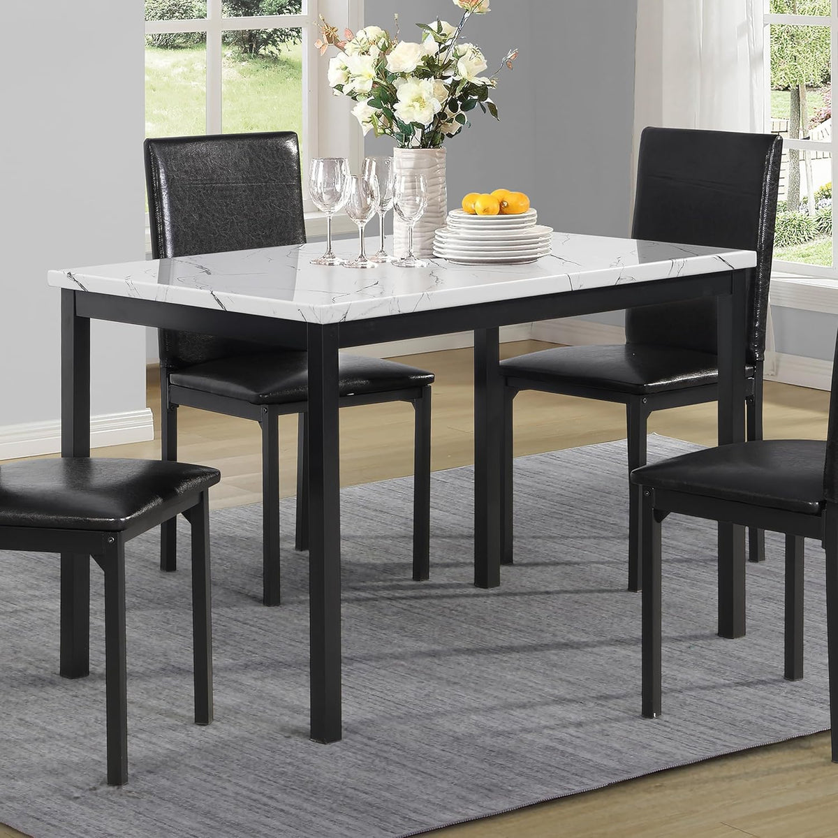 Roundhill Furniture Noyes Metal Dining Table with Laminated Faux Marble Top, Off-White