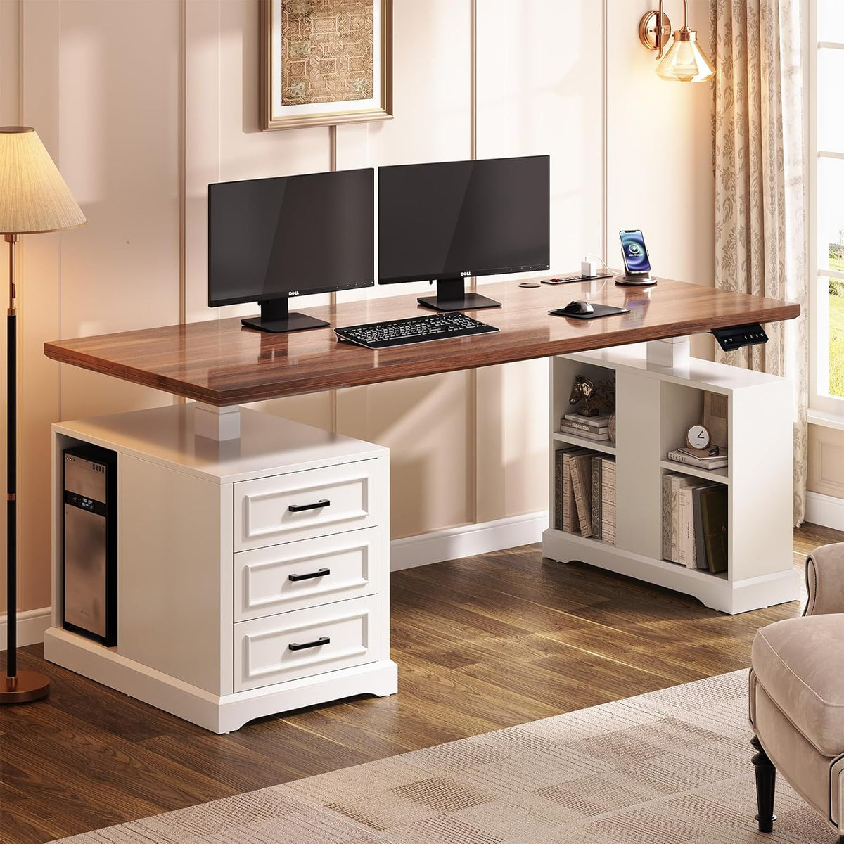 SEDETA Farmhouse Electric Standing Desk, 63" Height Adjustable Computer Desk with 3 Drawers, Storage Shelves, Power Outlets, Wood Home Office Stand up Desk for Work, Study, Writing, White