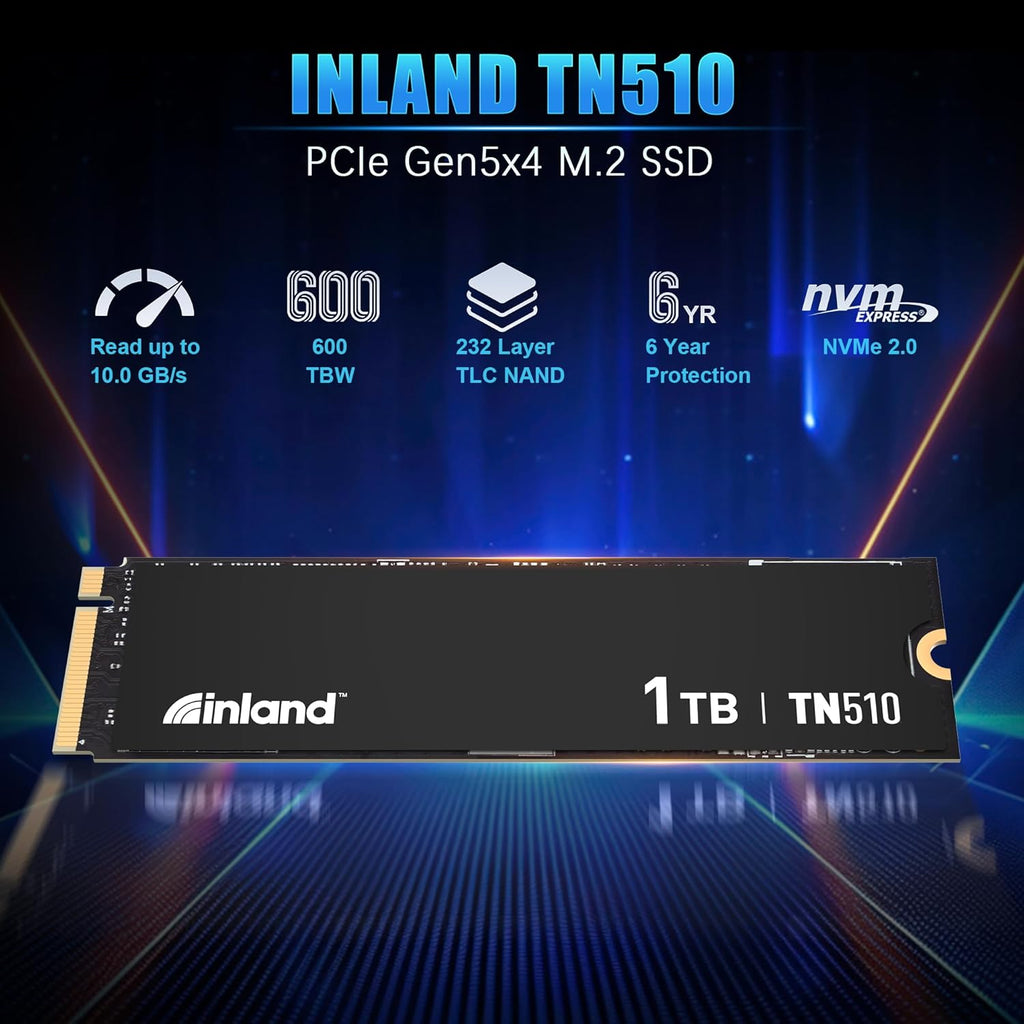 INLAND 1TB TN510 NVMe SSD Internal Solid State Drive - Gen 5x4, PCIe5.0 M.2 2280, seq. Read Speed up to 10,000 MB/s, for AI Applications, Gaming, and Video Editing