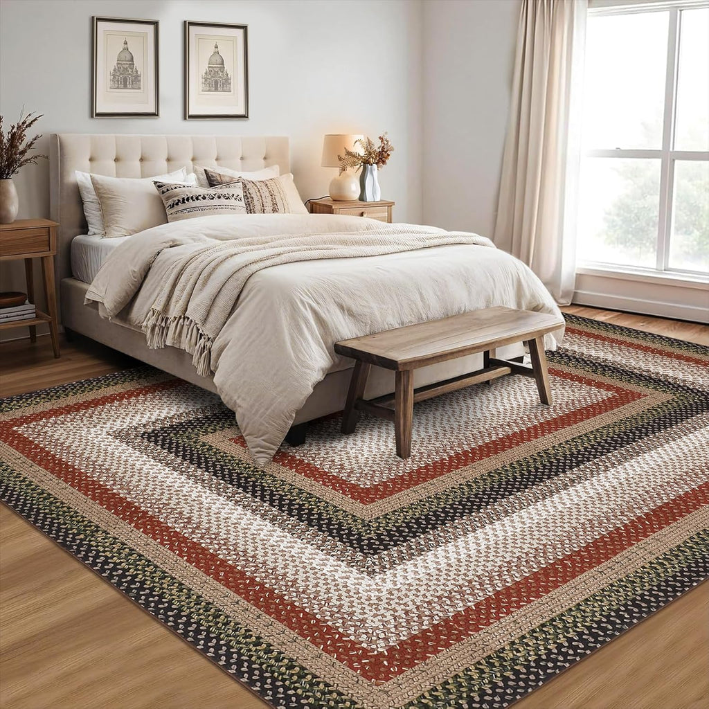 RUGSREAL 9x12 Braided Rug Washable Living Room Rug Modern Braid Printed Large Bedroom Rug with Rubber Backing Farmhouse Accent Large Carpet for Dining Room Home Decor Office, Crimson/Earthy