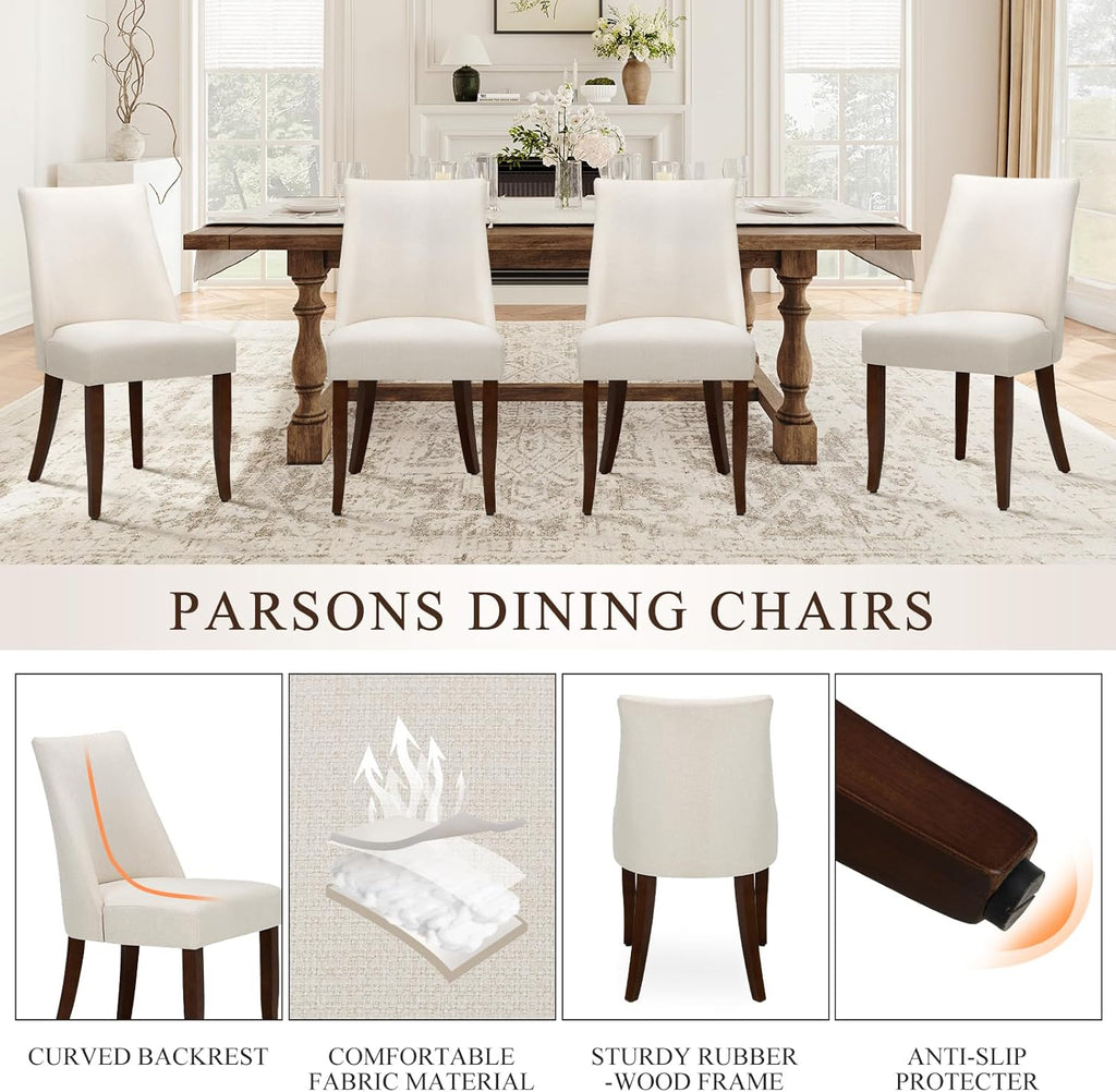 Upholstered Dining Chairs Set of 6, Mid Century Modern Kitchen Chairs with Back, Farmhouse Fabric Side Dining Room Chairs with Wood Legs for Dining Room Restaurant, Beige