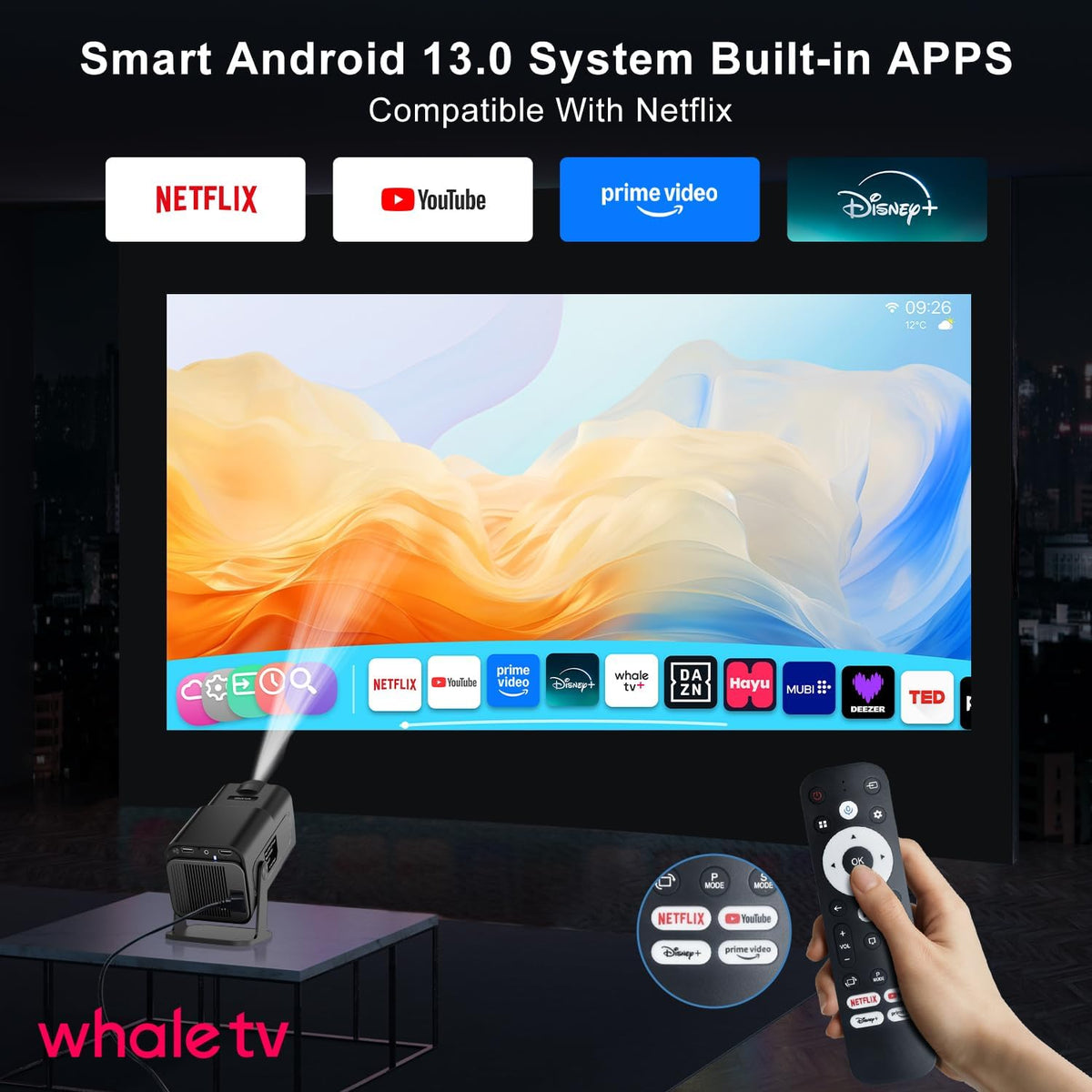 Smart Projector with Wifi and Bluetooth 5.4 - Portable Mini Movie Projectors for Outdoor/Bedroom, 1080P Native Proyector 4K Compatible with Netflix, YouTube, PrimeVideo, Auto Keystone & Built-in Apps