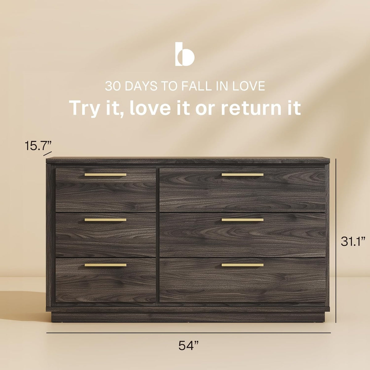 BELLEZE 6 Drawer Dresser for Bedroom and Closet, 54" Mid-Century Modern Wood Chest of Drawers, Wide Storage Organizer Cabinet for Living Room, Hallway, or Apartment, Brown