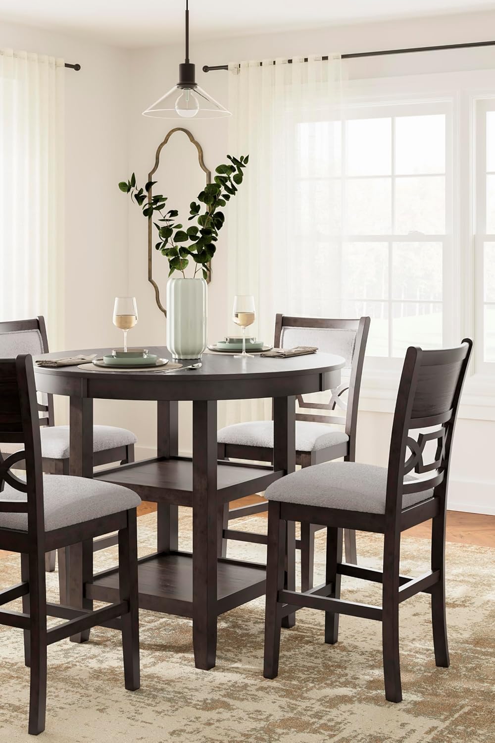 Signature Design by Ashley Langwest Transitional Diamond Patterned Counter Height Dining Table and 4 Upholstered Bar Stools, Set of 5, Dark Brown & Beige