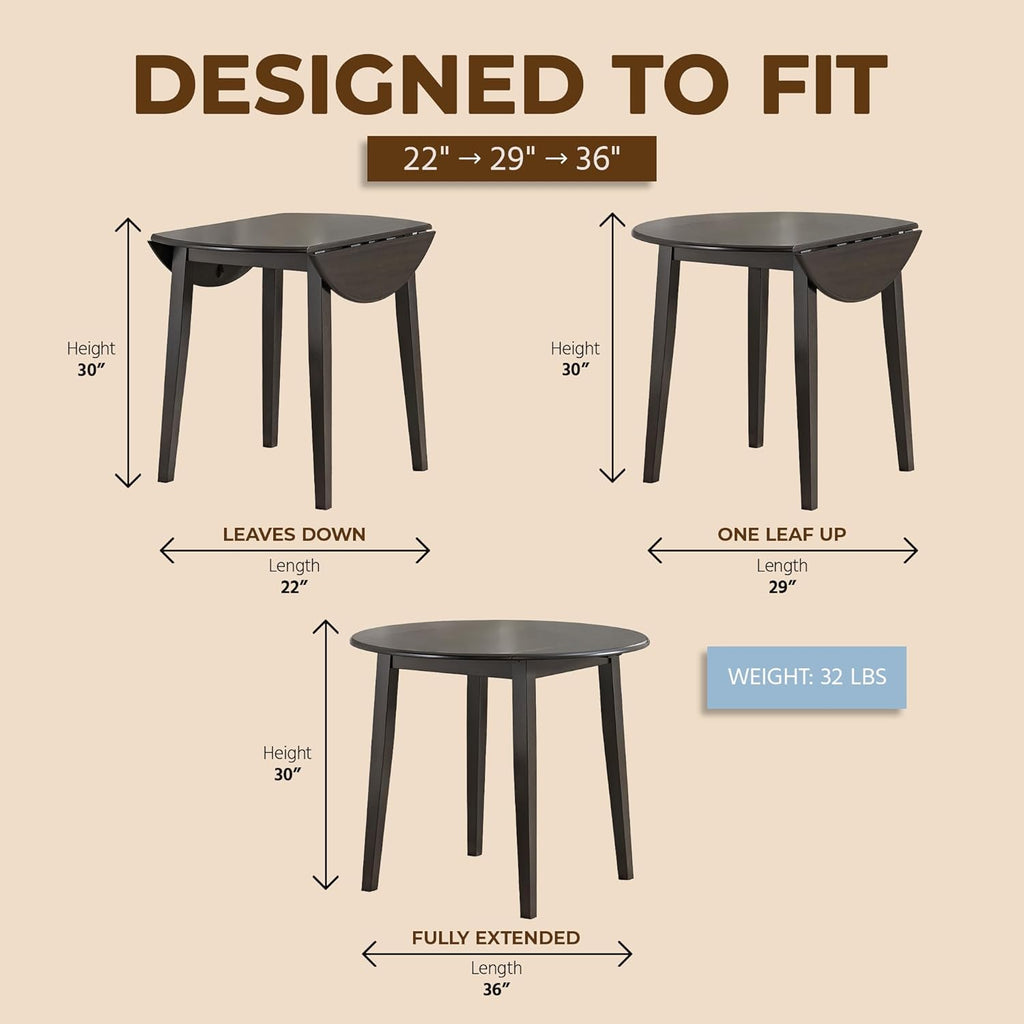 ROME + OAK Hinged Drop Leaf Dining Table, 22-36 Inch Round Tabletop with Sturdy Base, Dark Brown - Modern Solid Wooden Furniture Piece for Home