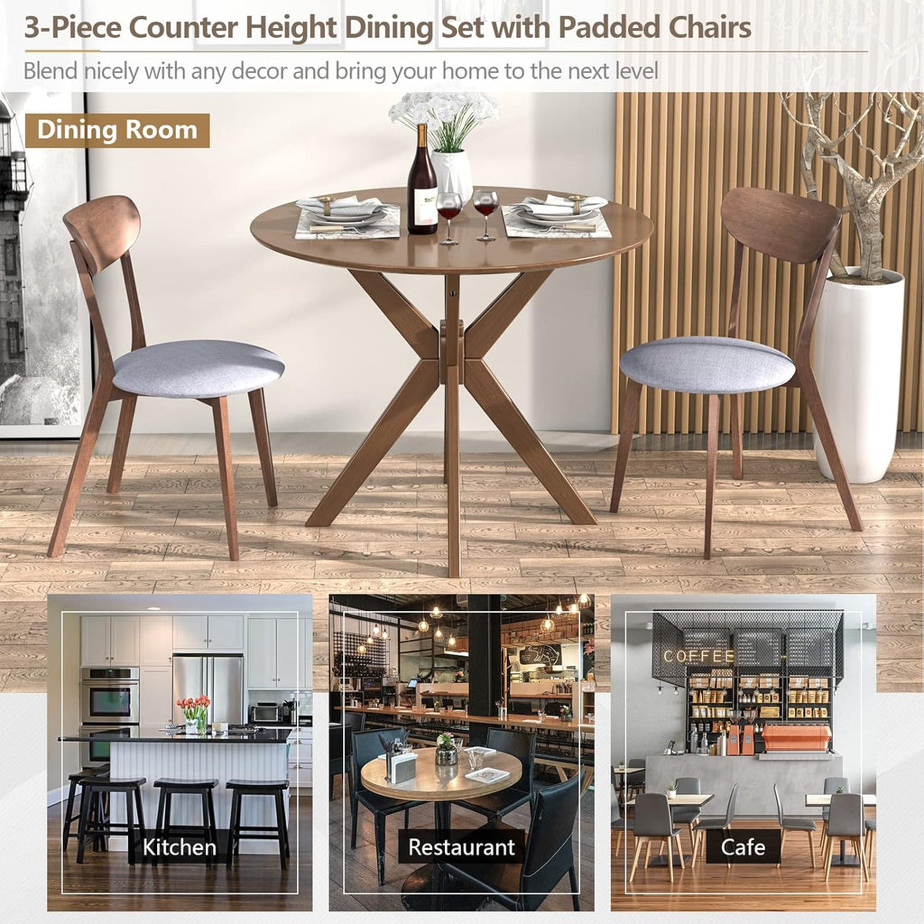 Giantex 3-Piece Dining Table and Chair Set, Wooden Kitchen Table Set, Farmhouse Round Kitchen Table and 2 Cushioned Dinette Chairs, Mid-Century Dining Table Set for Dining Room, Living Room