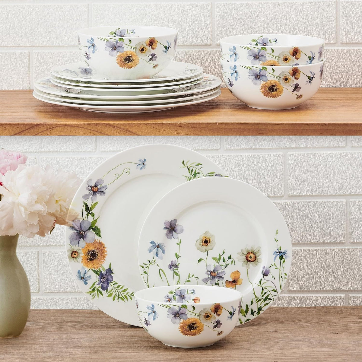 Mikasa Audrina Water Color Flowers Bone China Lightweight Chip Resistant 12 Piece Dinnerware Set, Service for 4, White