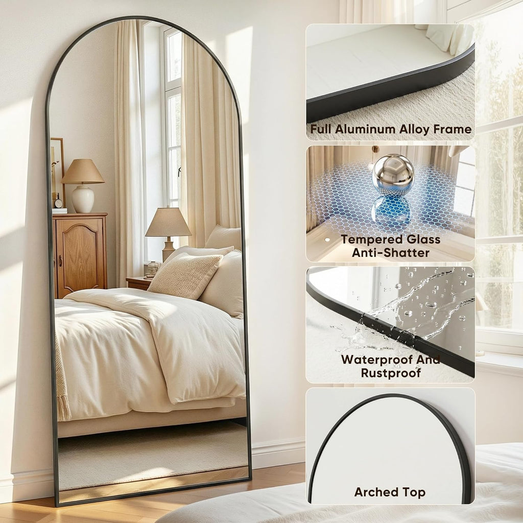 Antok Full Length Mirror, 76"x34" Floor Mirror with Stand, Hanging Mounted Mirrors for Bedroom, Living Room, Cloakroom, Dining Room, Black, Arched