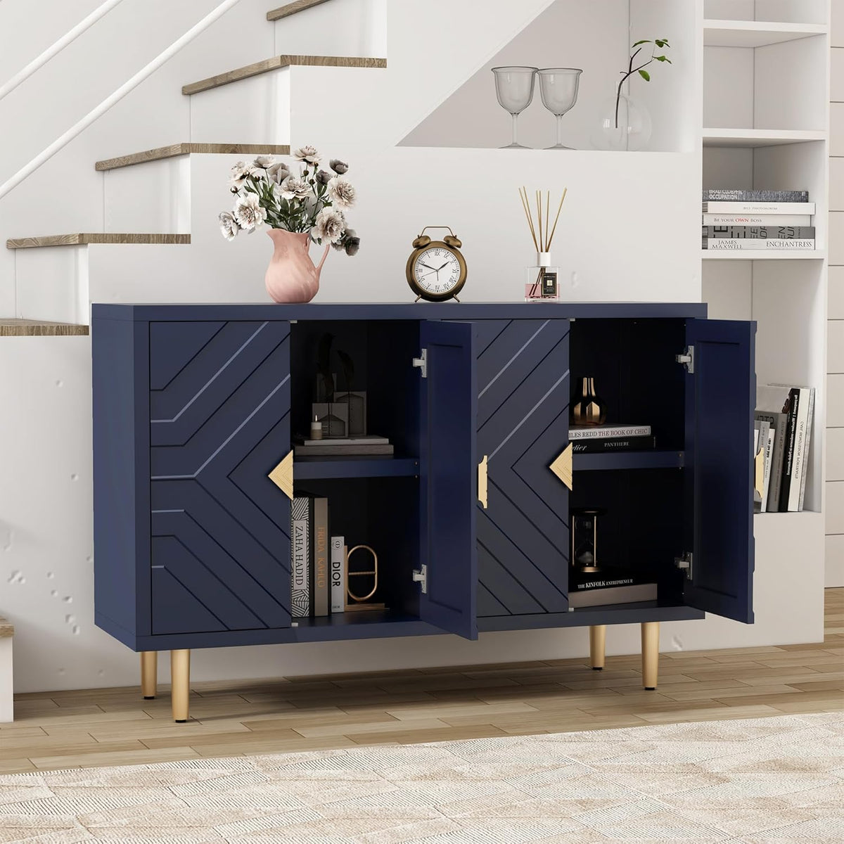 HLR 48" Accent Cabinet with 4 Doors and Shelves, Modern Sideboard Buffet Cabinet with Decorative Embossed Pattern Doors, Credenza Storage Cabinet for Living Room, Kitchen, Dining Room, Hallway