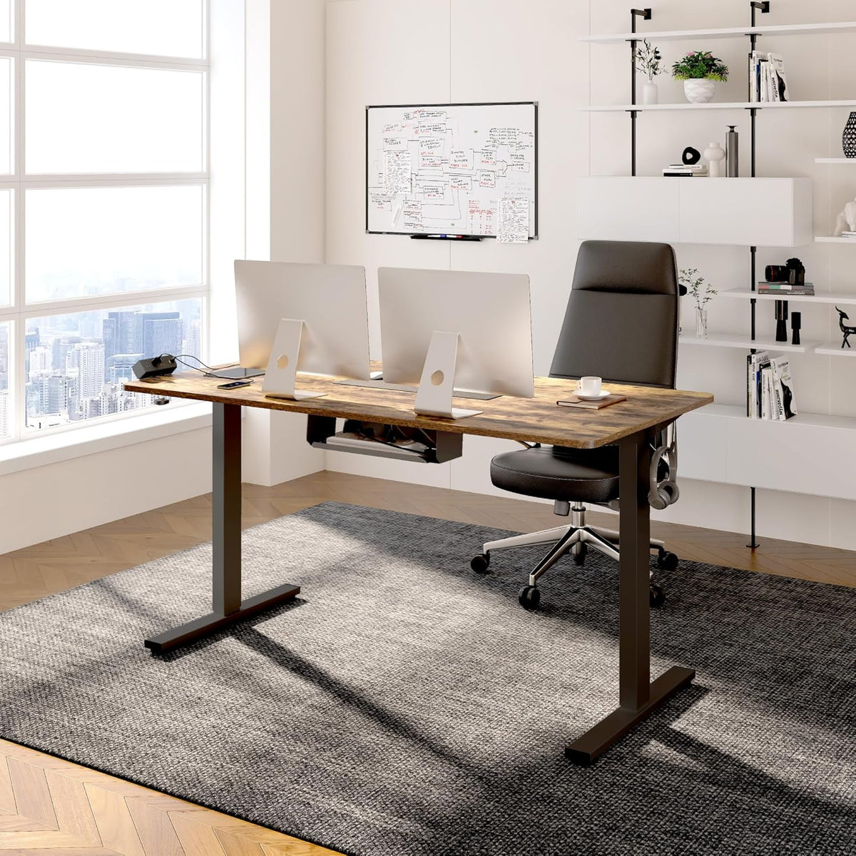FLEXISPOT EN2 Whole-Piece Standing Desk with Clamp Power Strip, 55 x 28 Electric Stand Up Height Adjustable Desk with Cable Management (Black Frame + 55" Rustic Brown Desktop, 2 Packages)