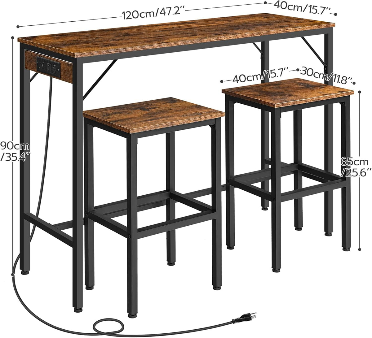 HOOBRO Bar Table and Chairs Set, 47.2" Dining Table Set with Power Outlet, 3-Piece Pub Table Set, Kitchen Bar Height Table with Stools of 2, Space Saving for Living Room, Rustic Brown BF46UBT01