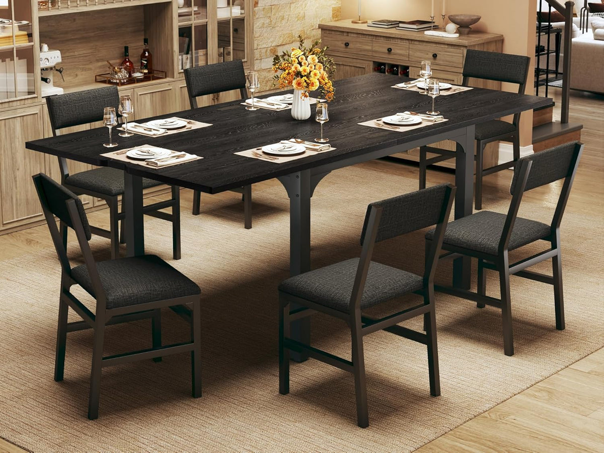 7-Piece Dining Table Set for 4-6, Extendable Kitchen Table Cushion Chairs Set of 6 with 6 Chairs, Rectangle Dining Table with Metal Frame & MDF Board, Folding for Small Apartment Saving Space, Black