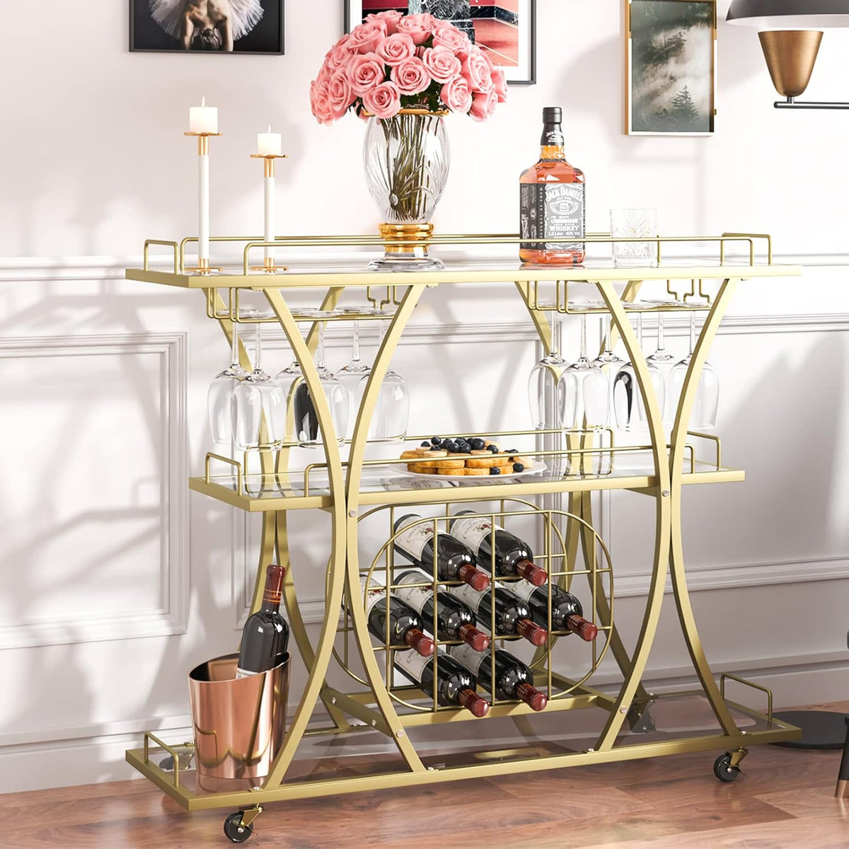 VEVOR Bar Cart Gold, 3 Tiers Home Bar Serving Cart on Lockable Wheels, Rolling Alcohol Cart with Tempered Glass Shelves Guardrail Wine Rack, Modern Wine Cart for Home Kitchen Dining and Living Room