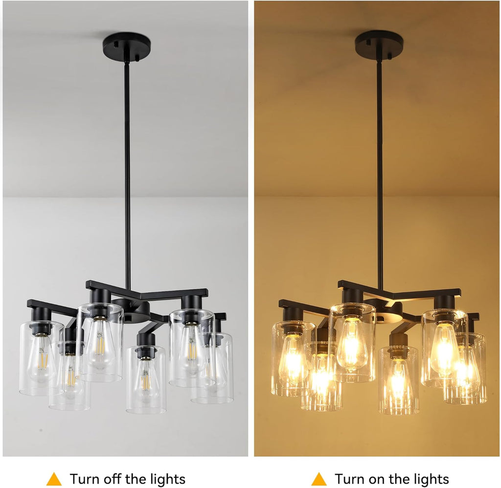 6-Light Modern Farmhouse Black Chandelier, Dining Room Light Fixture Over Table Adjustable Height Hanging Industrial Pendant Lights Kitchen Island, Clear Glass Shade